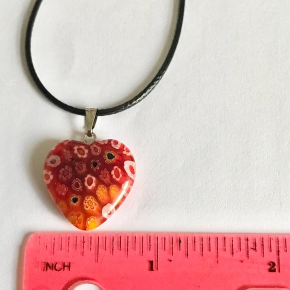 Orange Murano Glass Heart Necklace Millefiori Flowers Vintage Black Cord 18" - Picture 11 of 12